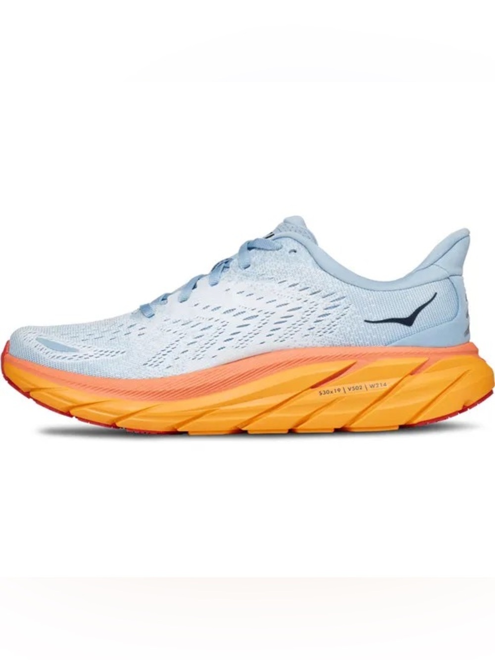 Hoka Women's Clifton 8 Light Blue Upper with Yellow and Orange Running Shoes 9 - Picture 3 of 10